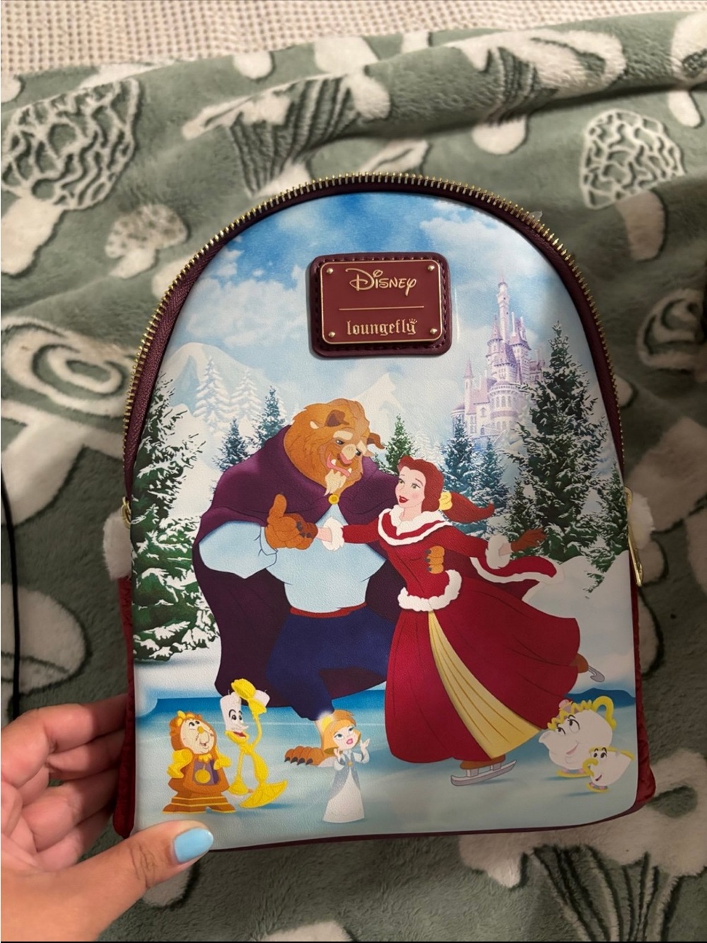 Loungefly Disney Beauty and the Beast Winter Scene Mini Backpack - Blue/Red/Gold